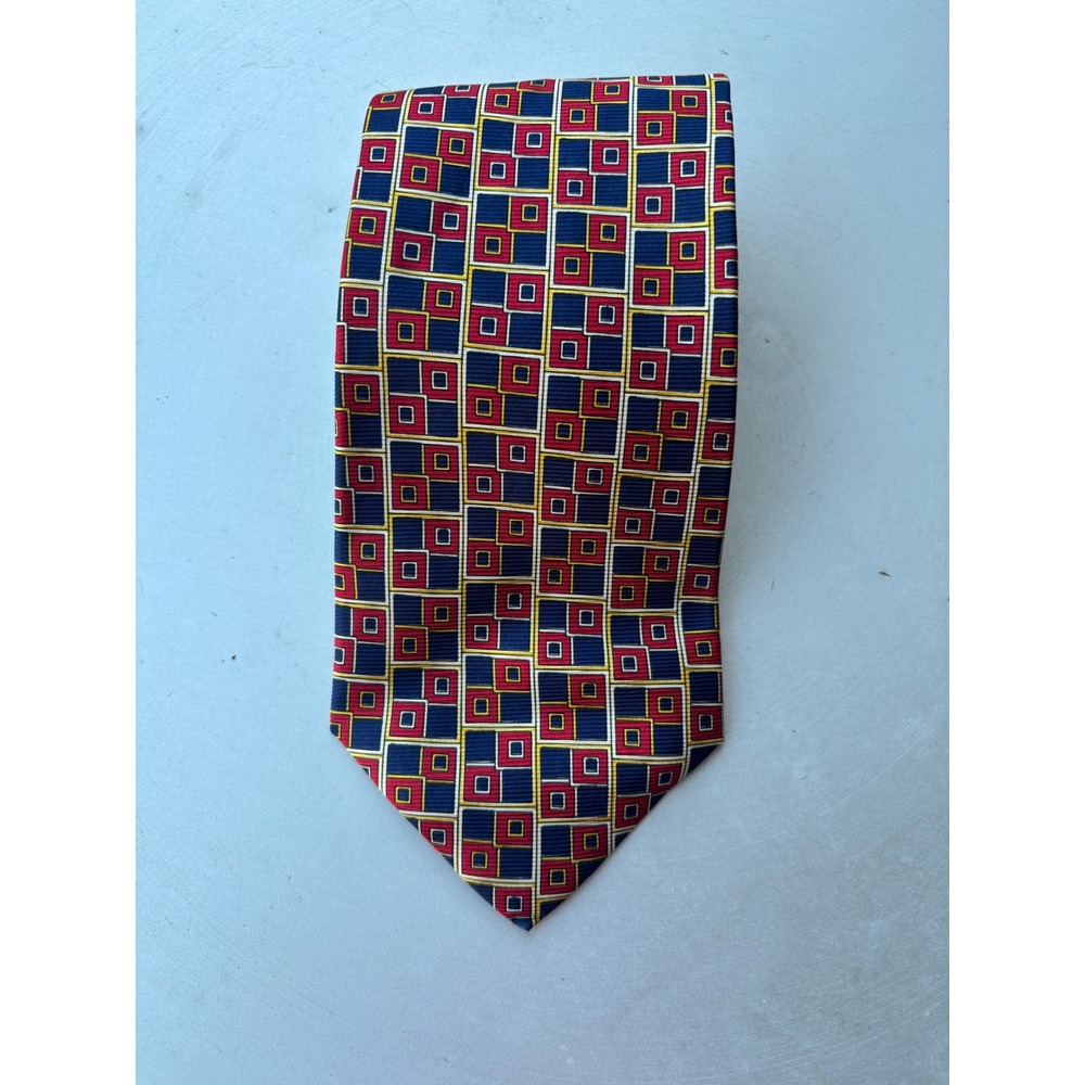 Herringbone Naturals Mens Silk Tie Navy Red Gold Geometric Square Made in USA